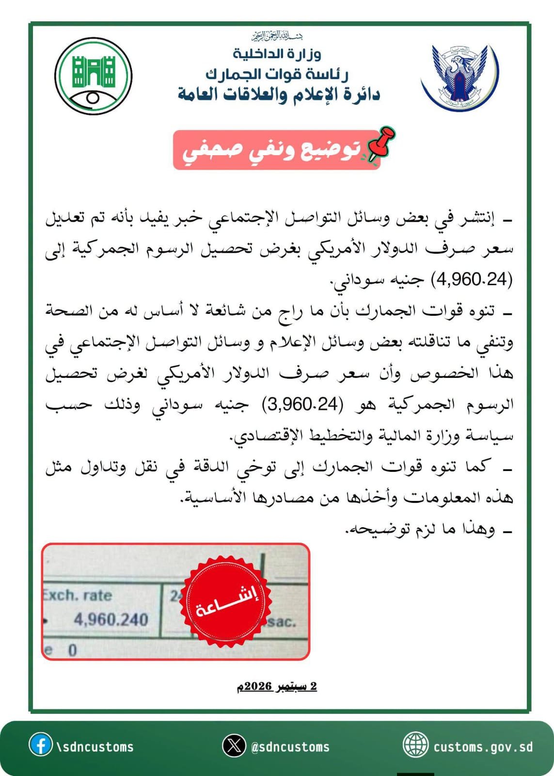قوات الجمارك السودانية تنفي زيادة الدولار الجمركي وتؤكد استقراره عند 3,960 جنيهاً